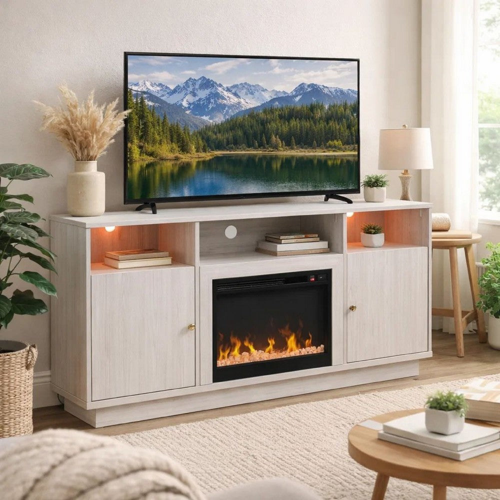 Ambi TV Stand Cabinet with Electric Heating Fireplace | 70" Walnut White