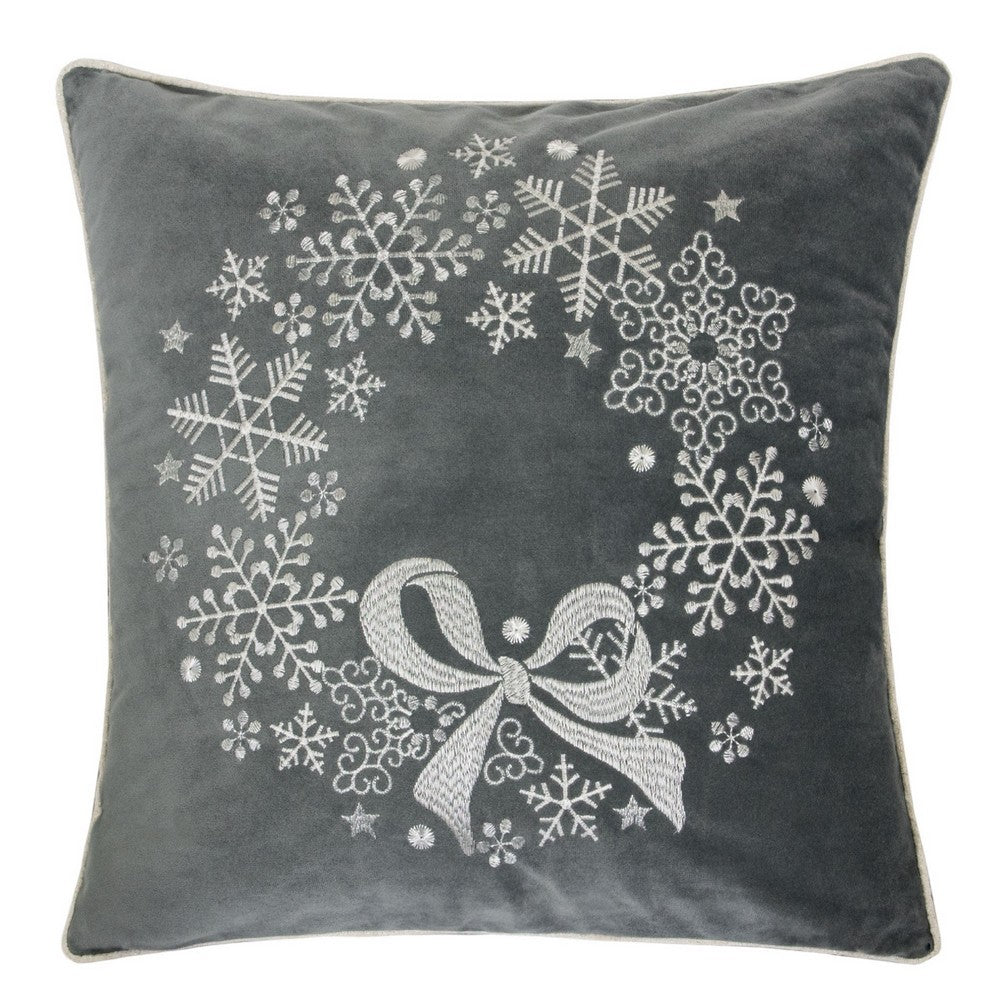 Rola Square Throw Pillow | Snowflake Wreath Embroidery | Gray Velvet 20"