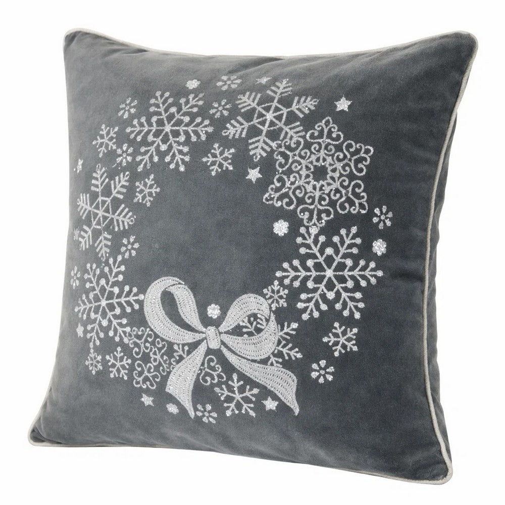 Rola Square Throw Pillow | Snowflake Wreath Embroidery | Gray Velvet 20"