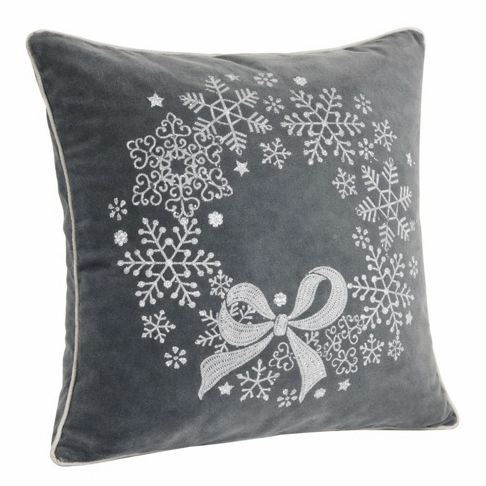 Rola Square Throw Pillow | Snowflake Wreath Embroidery | Gray Velvet 20"