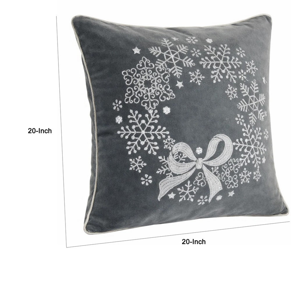 Rola Square Throw Pillow | Snowflake Wreath Embroidery | Gray Velvet 20"
