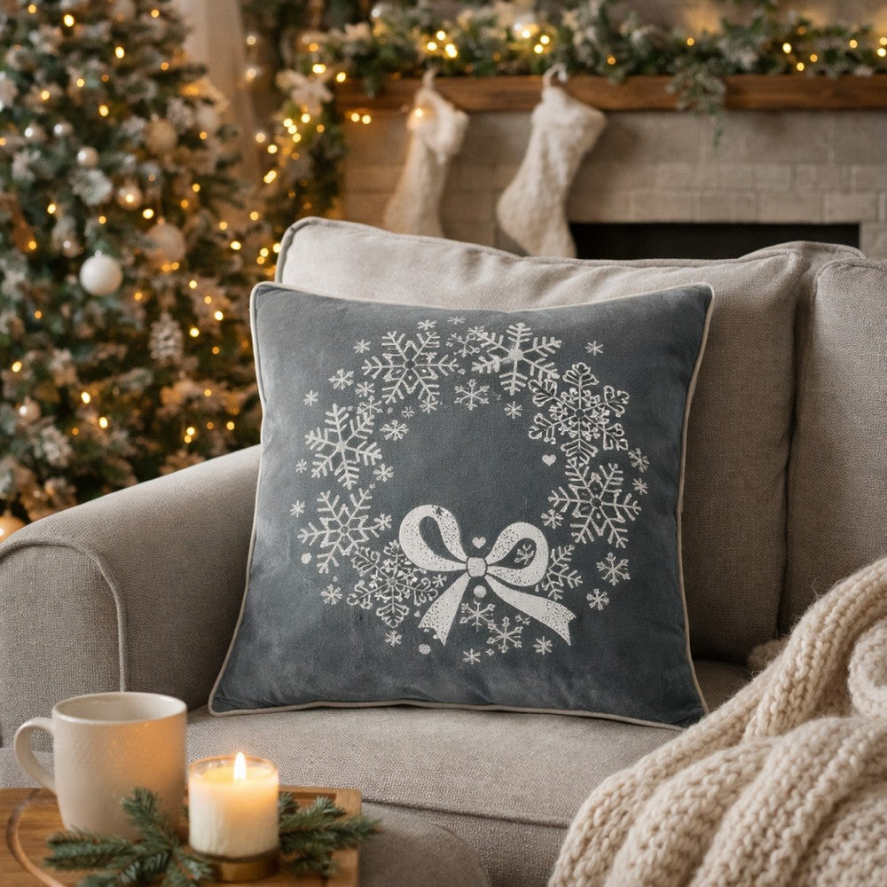 Rola Square Throw Pillow | Snowflake Wreath Embroidery | Gray Velvet 20"