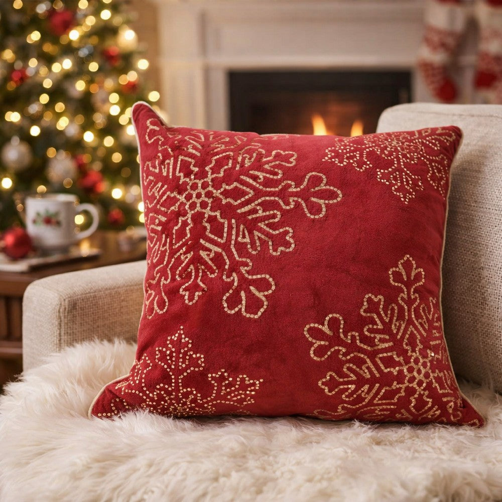 Rola Square Throw Pillow | Gold Snowflake Embroidery | Red Velvet 20"