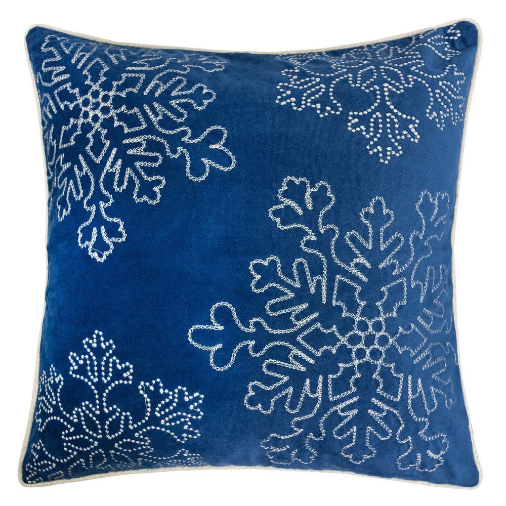 Rola Square Throw Pillow | Silver Snowflake Embroidery | Blue Velvet 20"