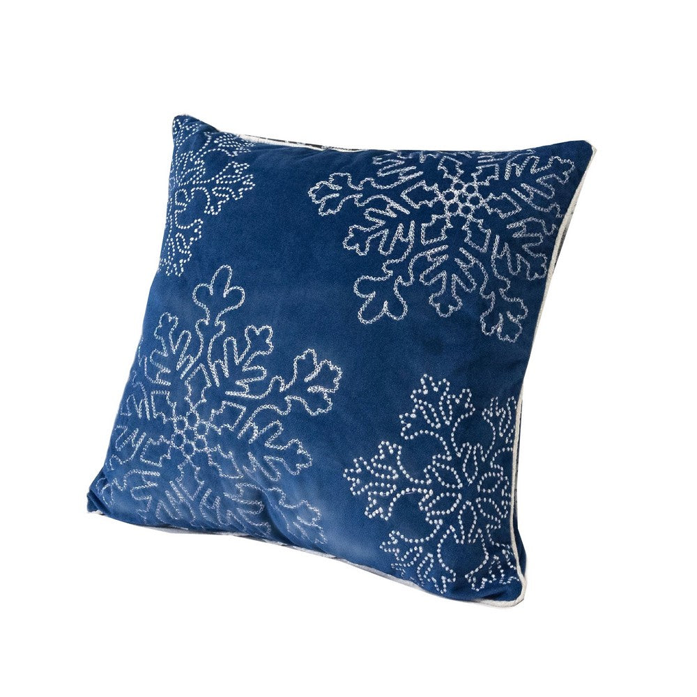 Rola Square Throw Pillow | Silver Snowflake Embroidery | Blue Velvet 20"