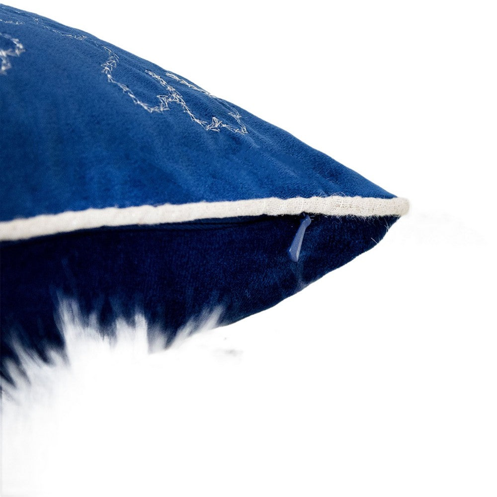 Rola Square Throw Pillow | Silver Snowflake Embroidery | Blue Velvet 20"
