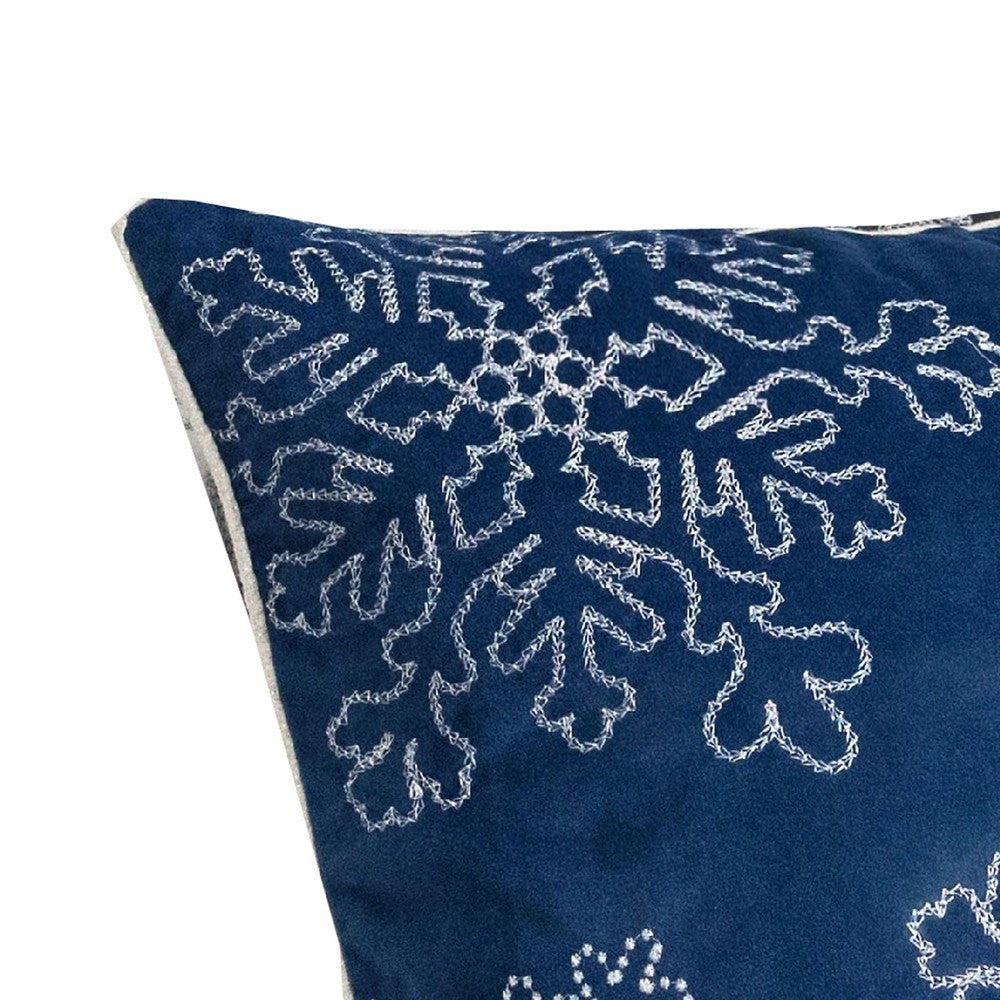 Rola Square Throw Pillow | Silver Snowflake Embroidery | Blue Velvet 20"