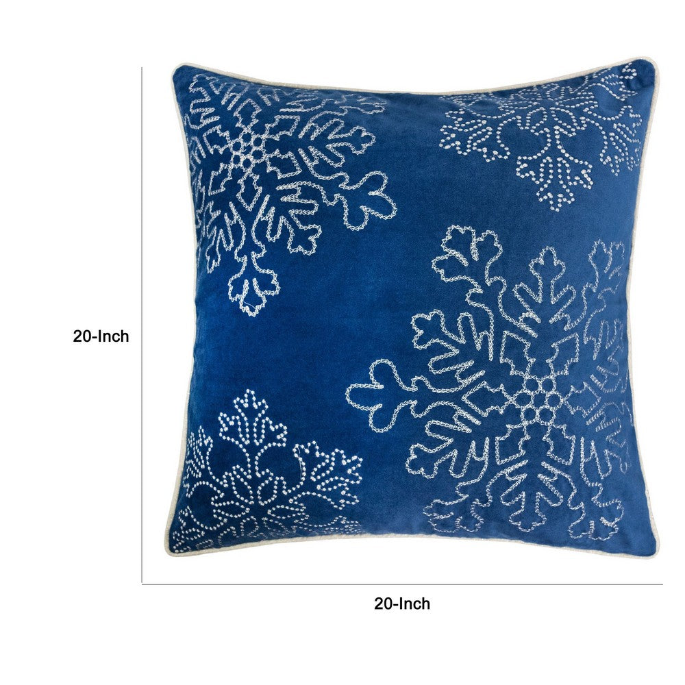 Rola Square Throw Pillow | Silver Snowflake Embroidery | Blue Velvet 20"