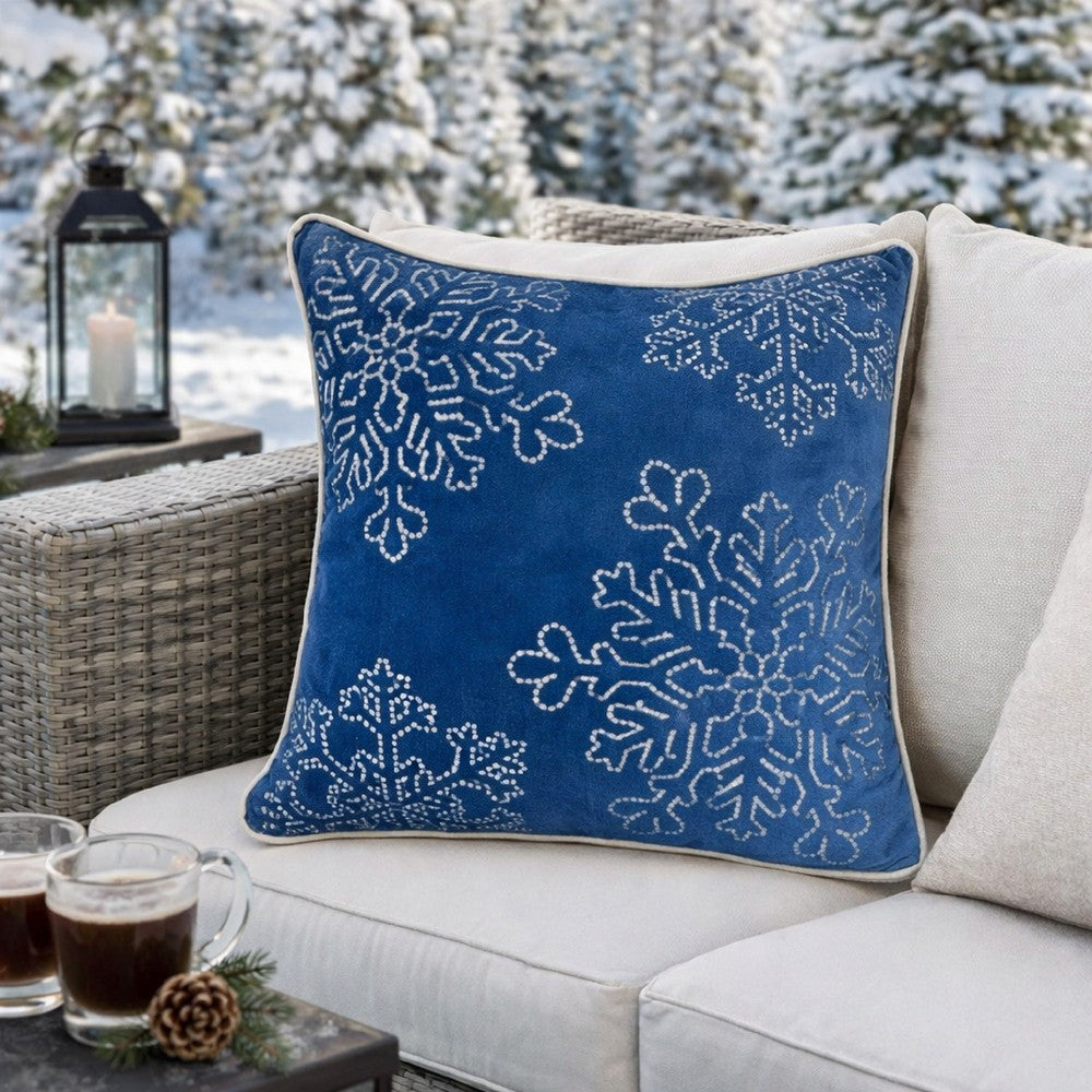 Rola Square Throw Pillow | Silver Snowflake Embroidery | Blue Velvet 20"