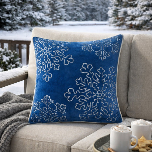 Rola Square Throw Pillow | Silver Snowflake Embroidery | Blue Velvet 20"