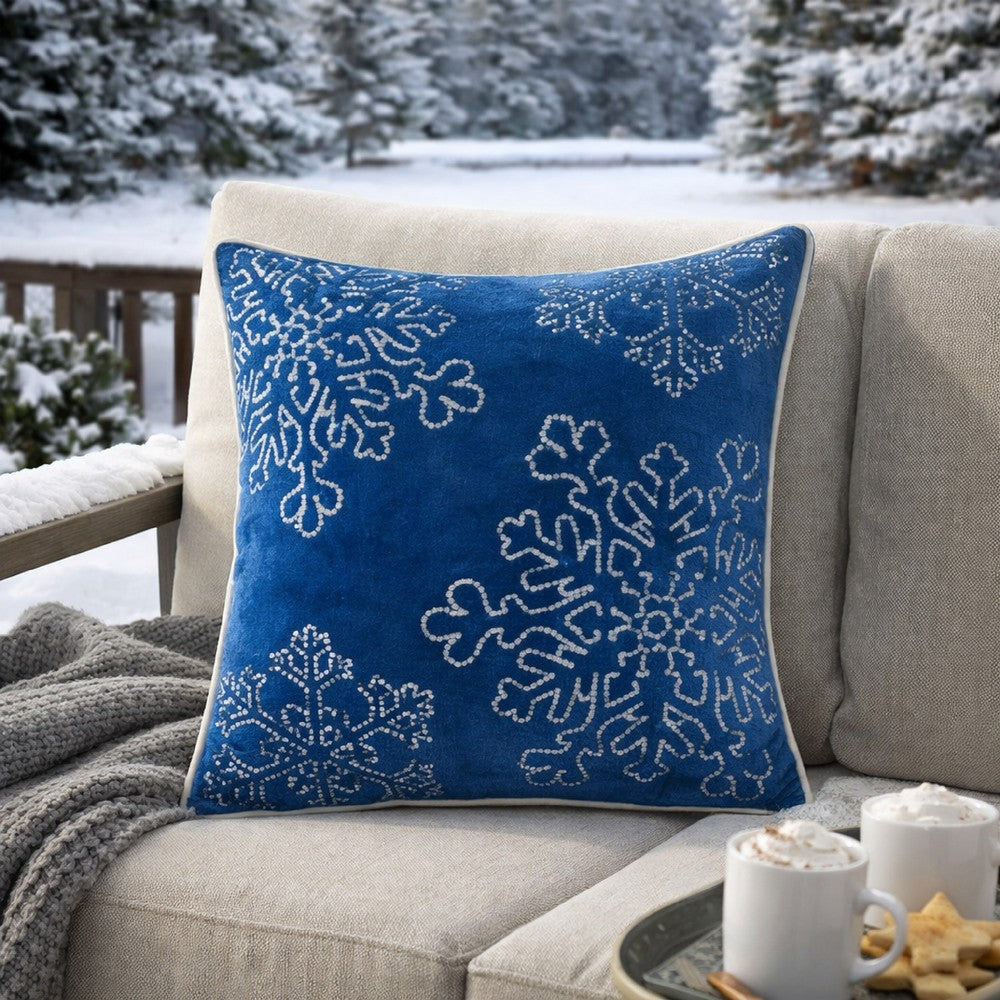 Rola Square Throw Pillow | Silver Snowflake Embroidery | Blue Velvet 20"