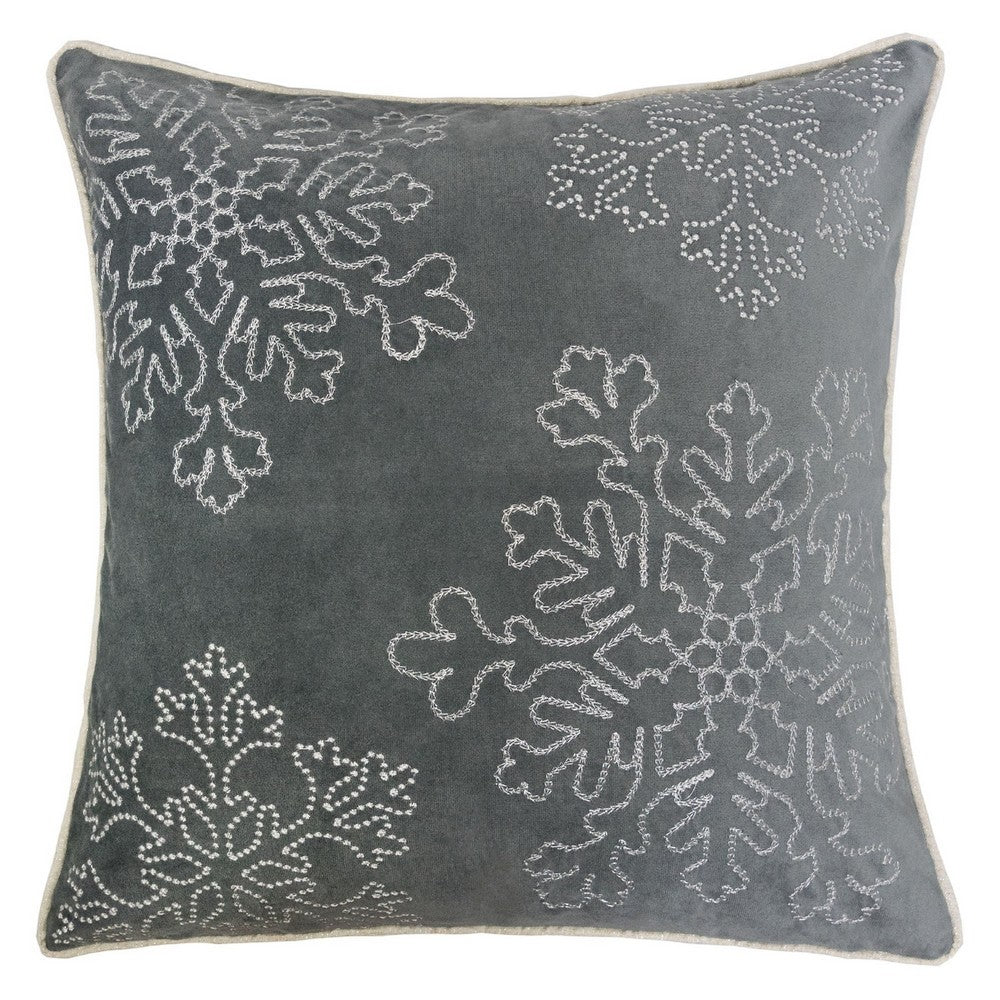 Rola Square Throw Pillow | Silver Snowflake Embroidery | Gray Velvet 20"