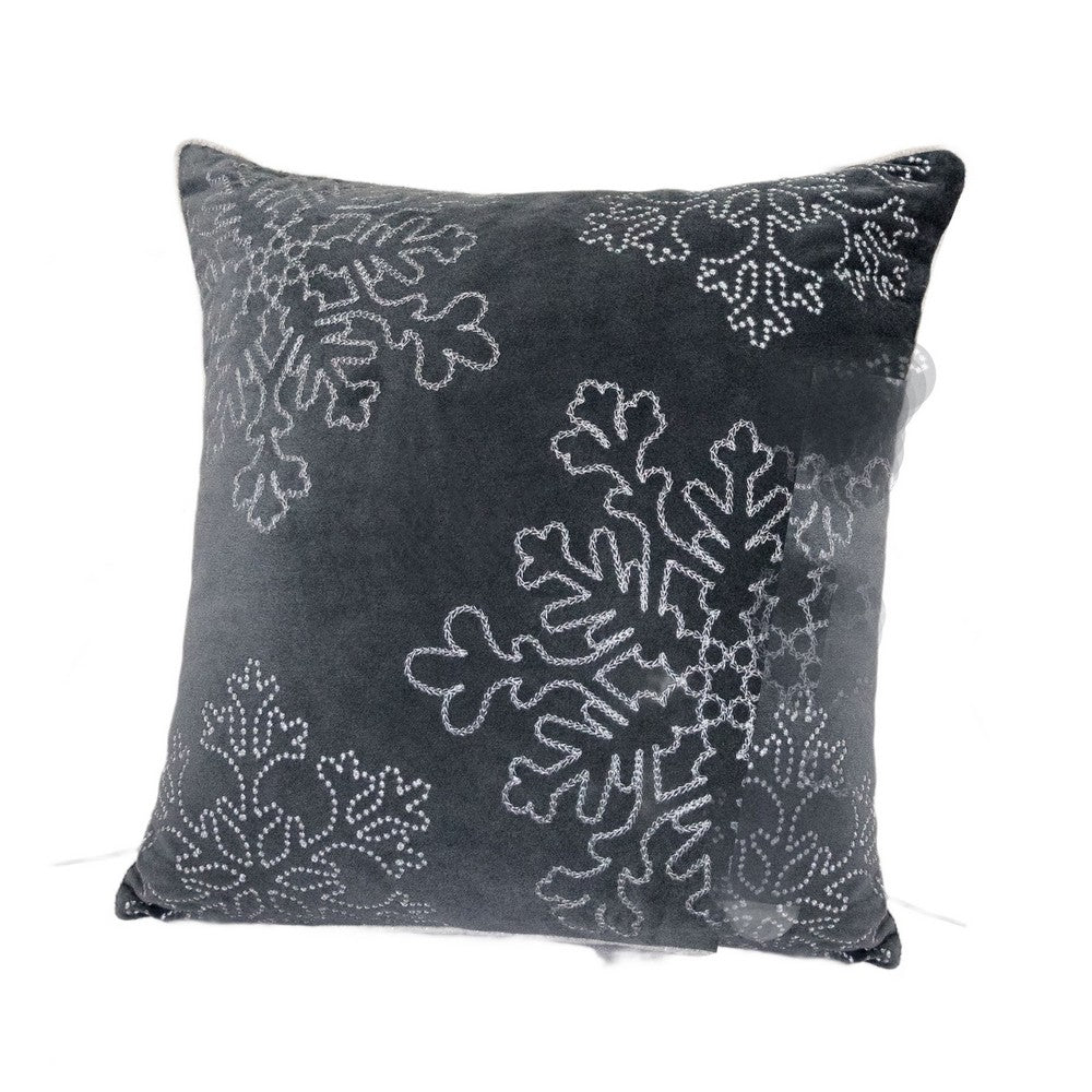 Rola Square Throw Pillow | Silver Snowflake Embroidery | Gray Velvet 20"