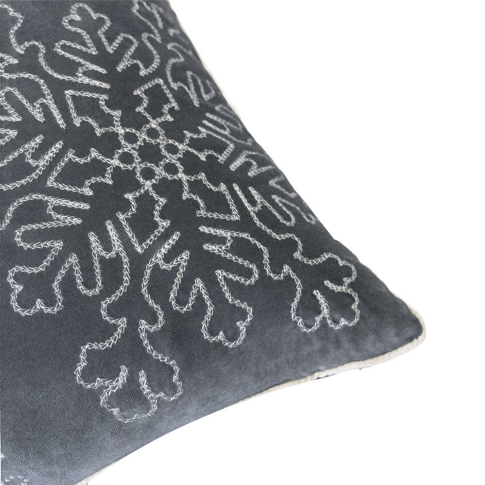 Rola Square Throw Pillow | Silver Snowflake Embroidery | Gray Velvet 20"