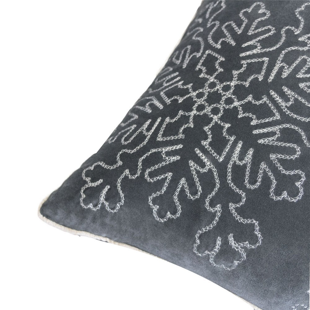 Rola Square Throw Pillow | Silver Snowflake Embroidery | Gray Velvet 20"