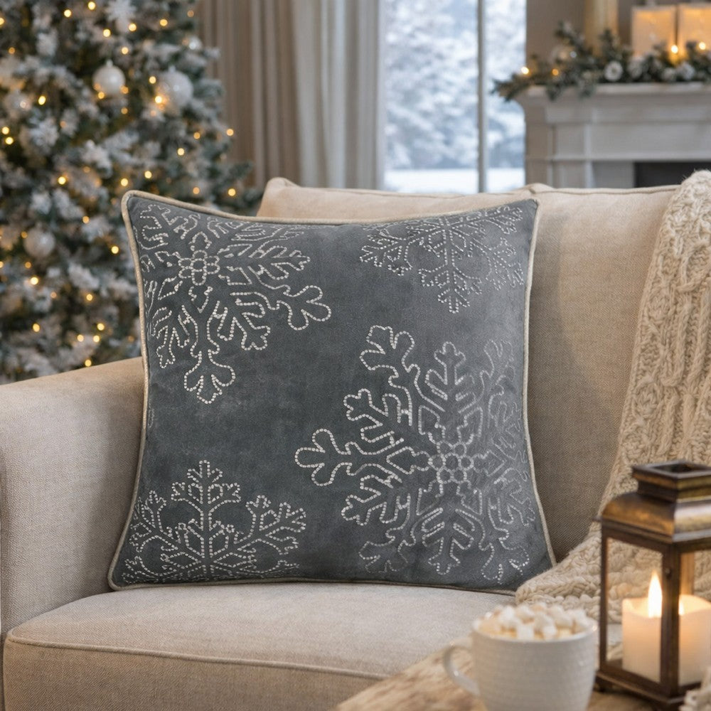 Rola Square Throw Pillow | Silver Snowflake Embroidery | Gray Velvet 20"