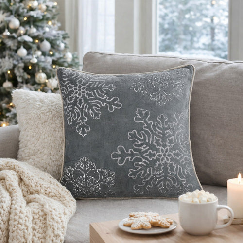 Rola Square Throw Pillow | Silver Snowflake Embroidery | Gray Velvet 20"