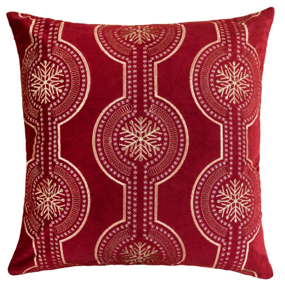 Rola Square Throw Pillow | Geometric Snowflake Embroidery | Red Velvet 20"