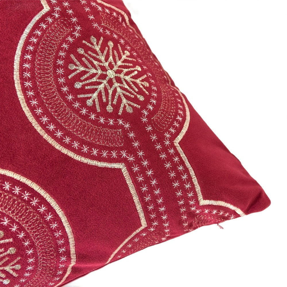 Rola Square Throw Pillow | Geometric Snowflake Embroidery | Red Velvet 20"