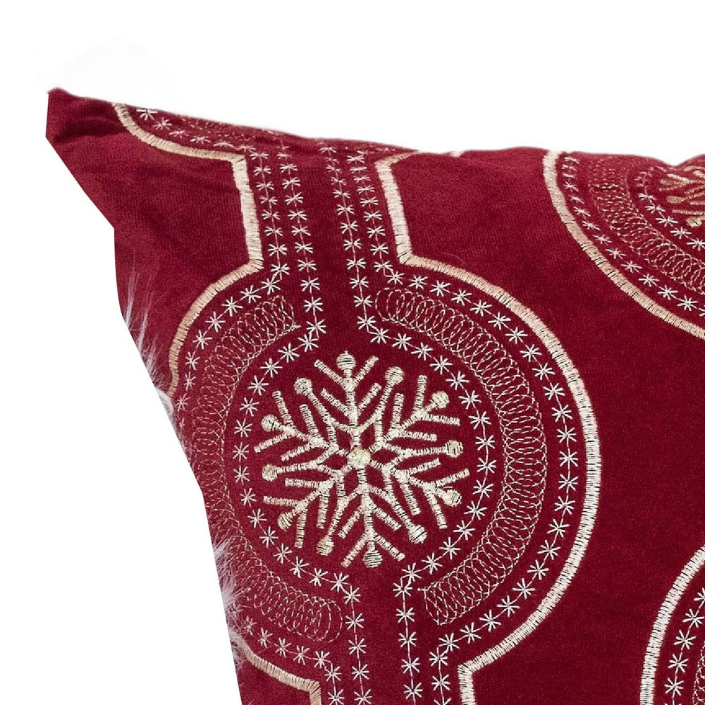 Rola Square Throw Pillow | Geometric Snowflake Embroidery | Red Velvet 20"