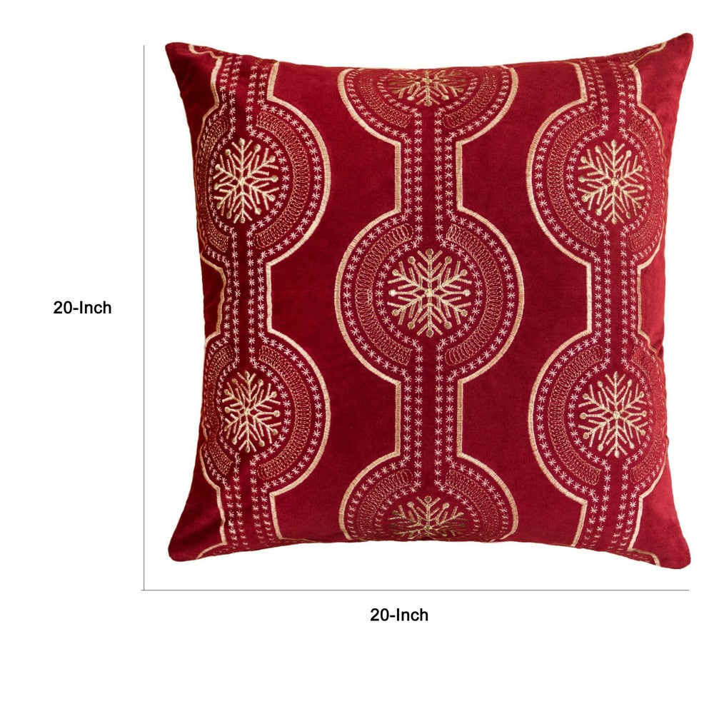 Rola Square Throw Pillow | Geometric Snowflake Embroidery | Red Velvet 20"