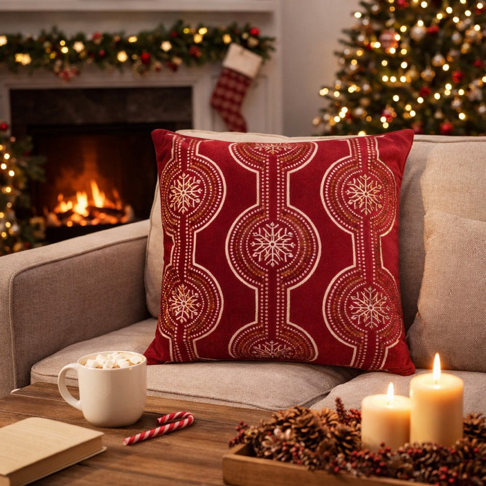 Rola Square Throw Pillow | Geometric Snowflake Embroidery | Red Velvet 20"