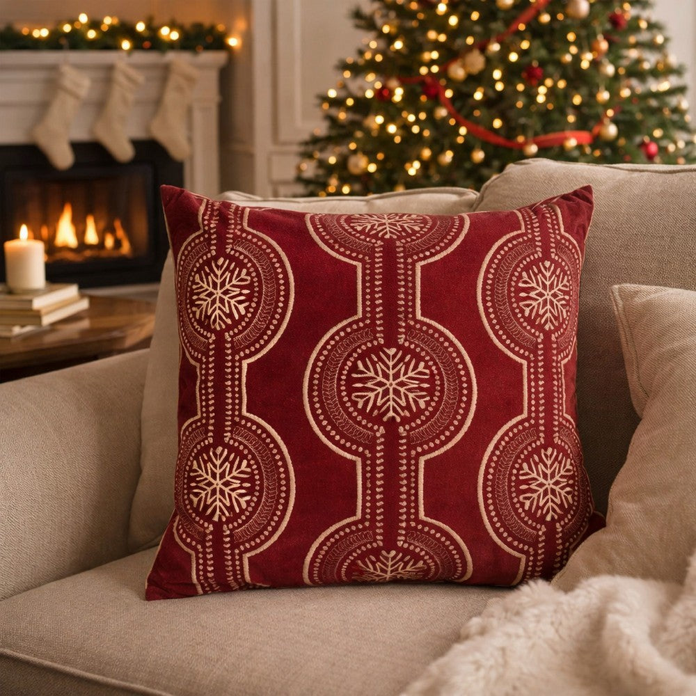 Rola Square Throw Pillow | Geometric Snowflake Embroidery | Red Velvet 20"