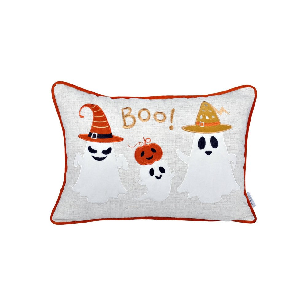 Vobo Lumbar Pillow | Ghost | Pumpkin | & Boo Embroidery | Ivory Velvet 14x20