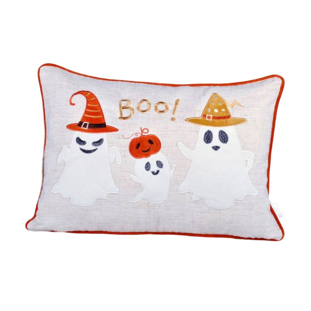 Vobo Lumbar Pillow | Ghost | Pumpkin | & Boo Embroidery | Ivory Velvet 14x20