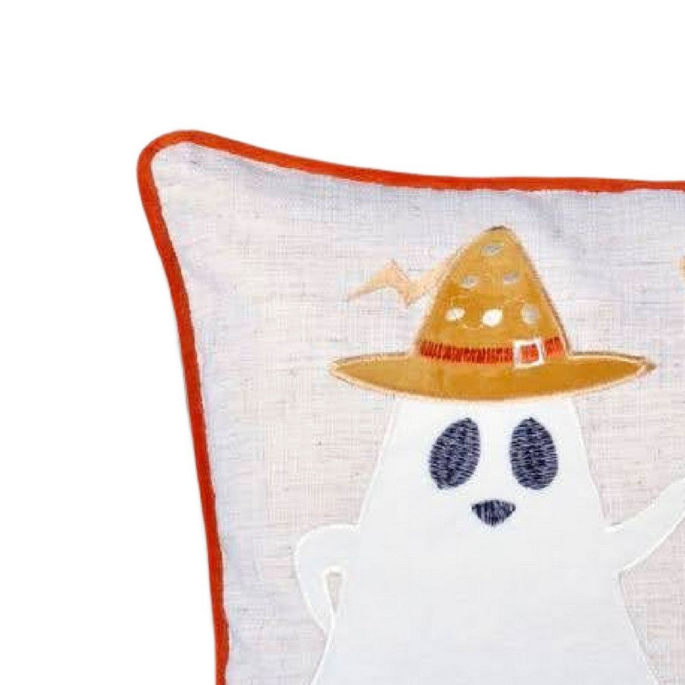 Vobo Lumbar Pillow | Ghost | Pumpkin | & Boo Embroidery | Ivory Velvet 14x20