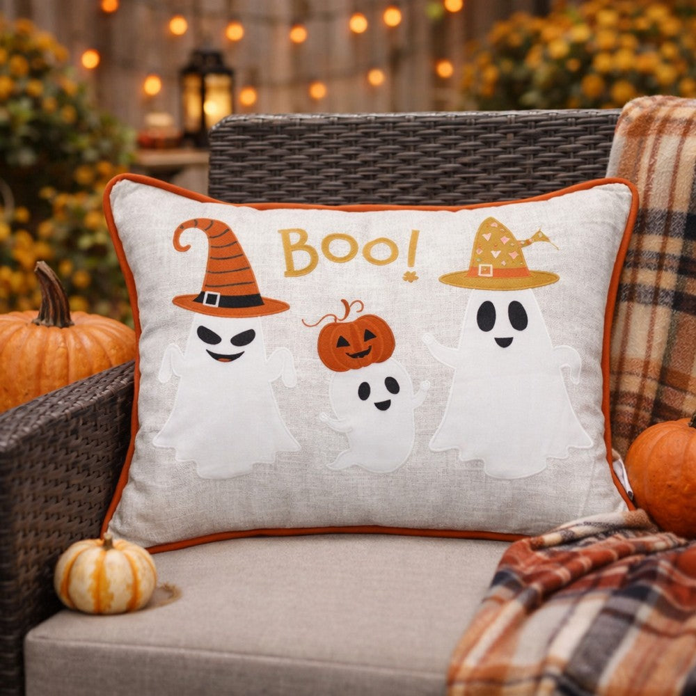 Vobo Lumbar Pillow | Ghost | Pumpkin | & Boo Embroidery | Ivory Velvet 14x20