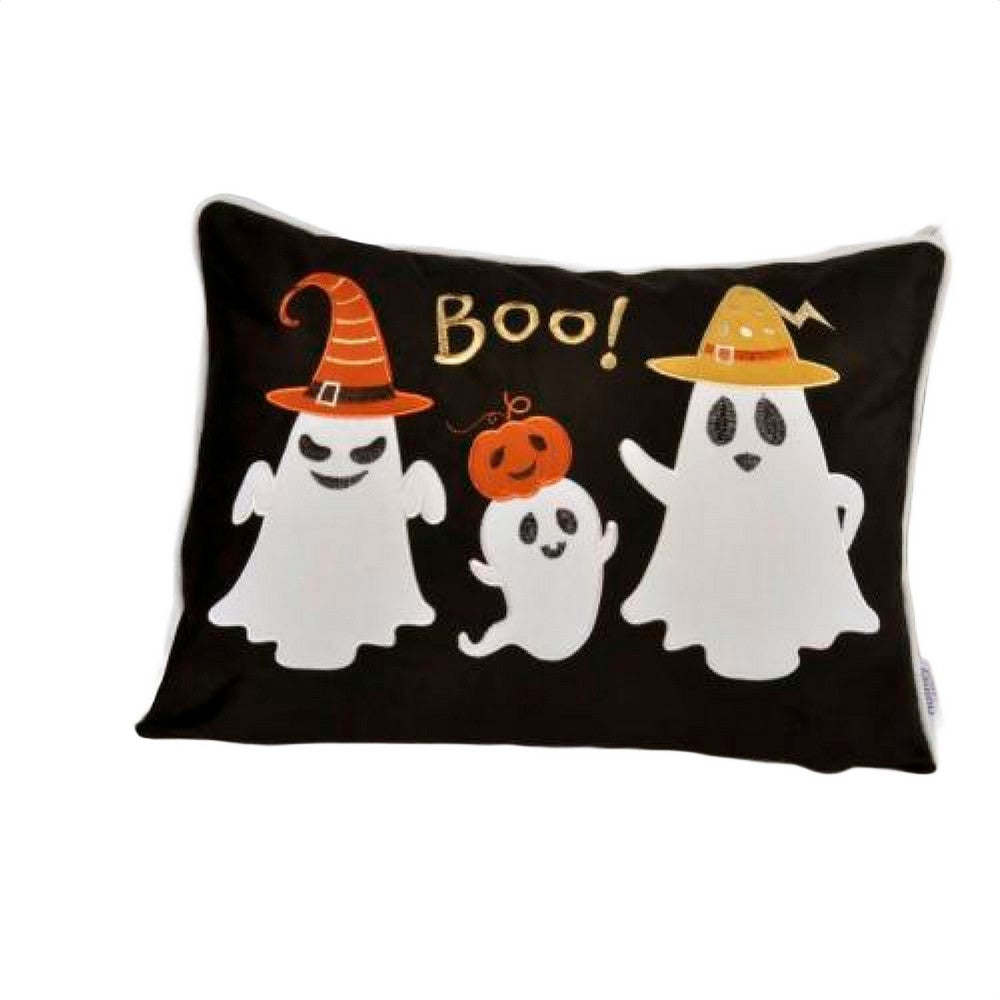 Vobo Lumbar Pillow | Ghost | Pumpkin | & Boo Embroidery | Black Velvet 14x20
