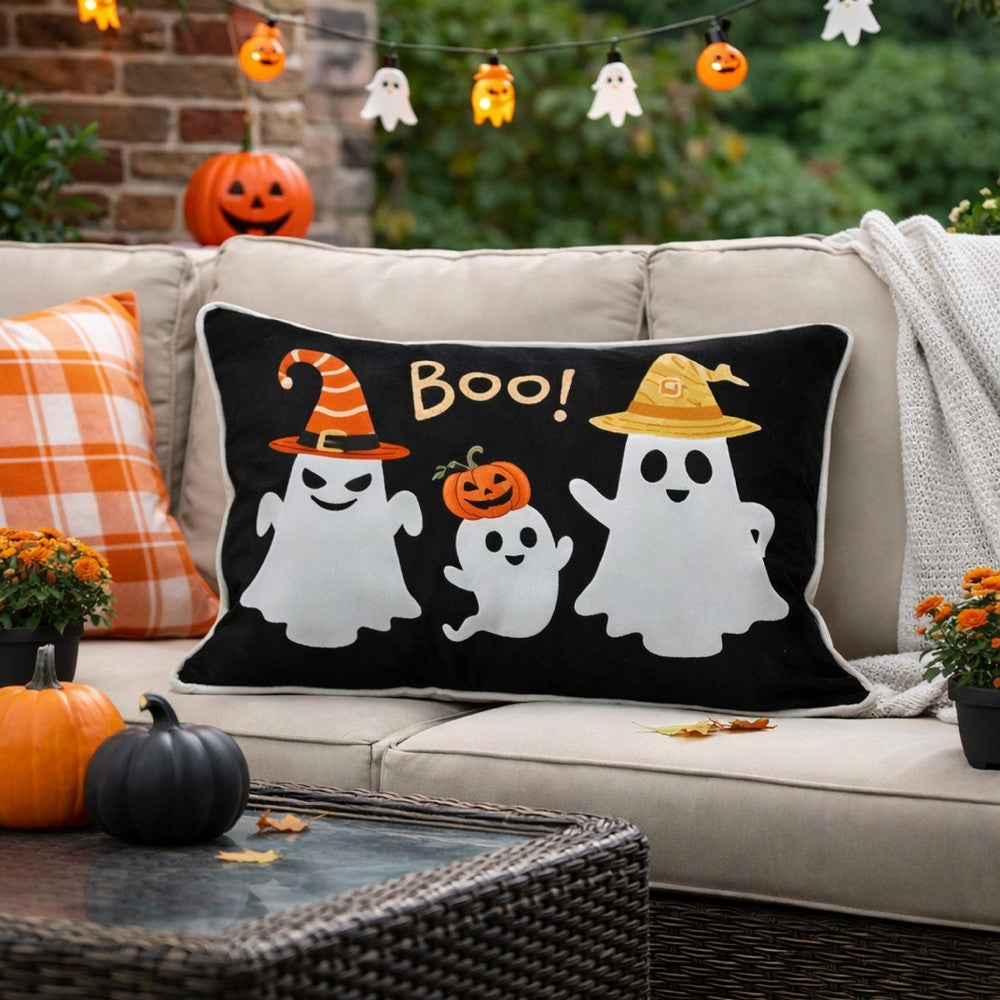 Vobo Lumbar Pillow | Ghost | Pumpkin | & Boo Embroidery | Black Velvet 14x20
