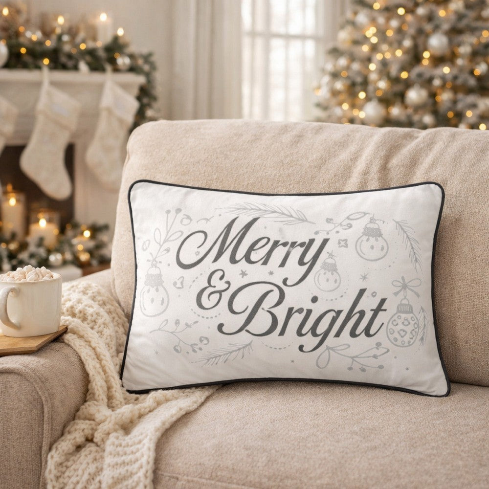 Lumbar Pillow | Merry & Bright Script | Embroidered White Velvet | 14x20