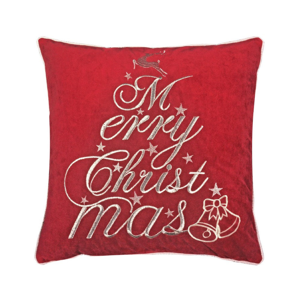 Aure Square Throw Pillow | Merry Christmas Embroidery | Red Velvet 20"