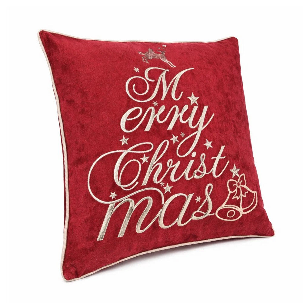 Aure Square Throw Pillow | Merry Christmas Embroidery | Red Velvet 20"