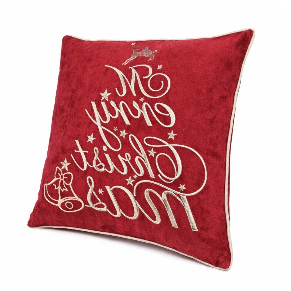 Aure Square Throw Pillow | Merry Christmas Embroidery | Red Velvet 20"