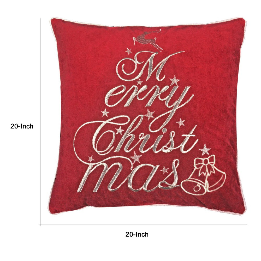 Aure Square Throw Pillow | Merry Christmas Embroidery | Red Velvet 20"