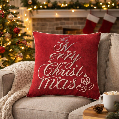 Aure Square Throw Pillow | Merry Christmas Embroidery | Red Velvet 20"