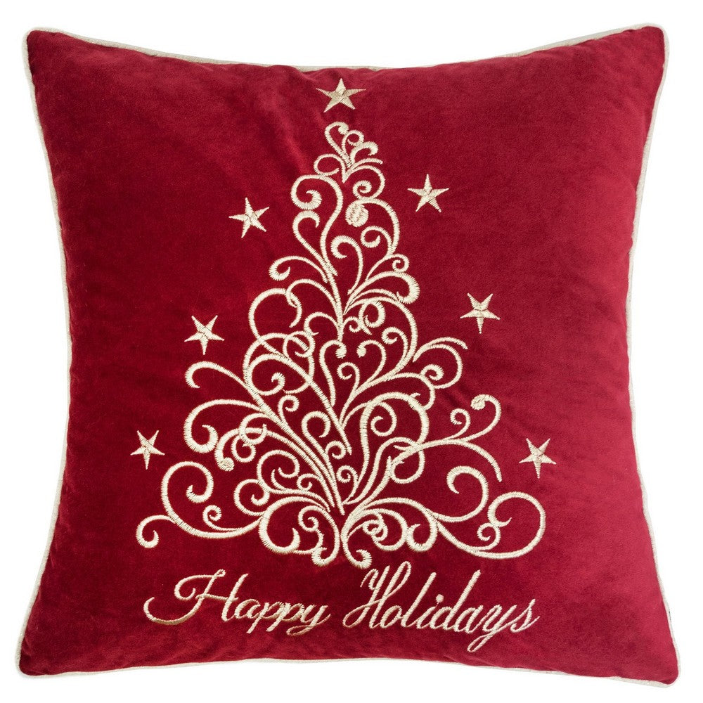 Aure Square Throw Pillow | Happy Holidays Embroidery | Red Velvet 20"
