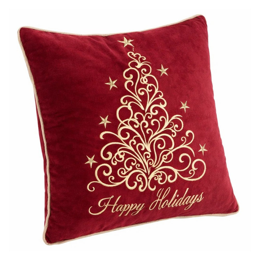 Aure Square Throw Pillow | Happy Holidays Embroidery | Red Velvet 20"