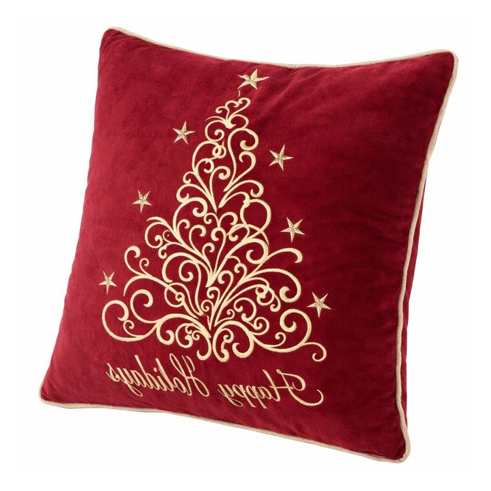 Aure Square Throw Pillow | Happy Holidays Embroidery | Red Velvet 20"