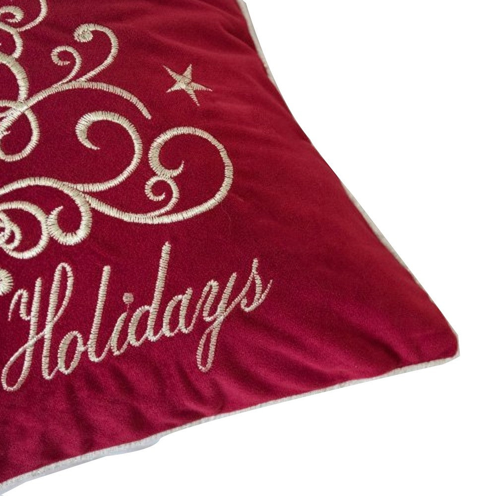 Aure Square Throw Pillow | Happy Holidays Embroidery | Red Velvet 20"