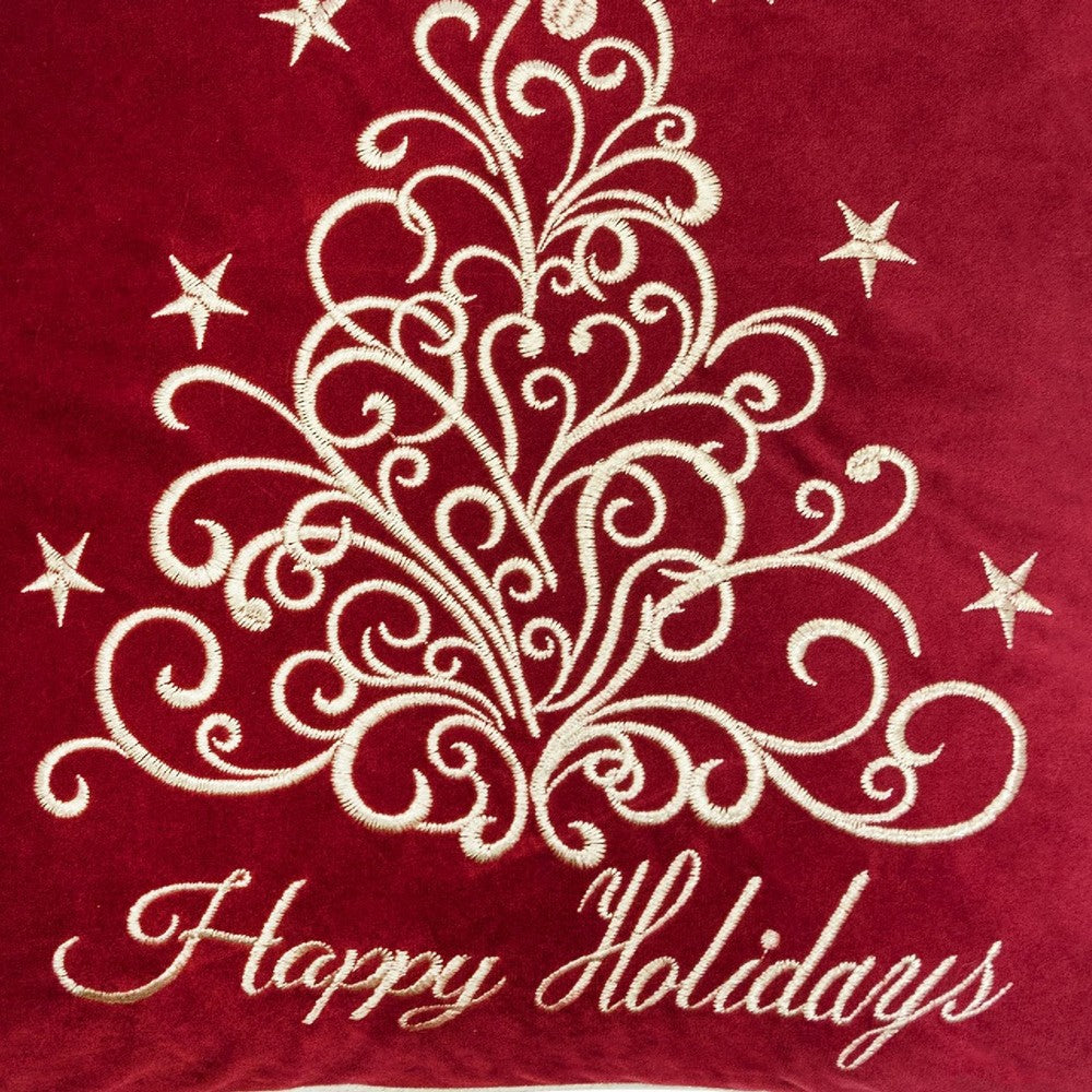 Aure Square Throw Pillow | Happy Holidays Embroidery | Red Velvet 20"
