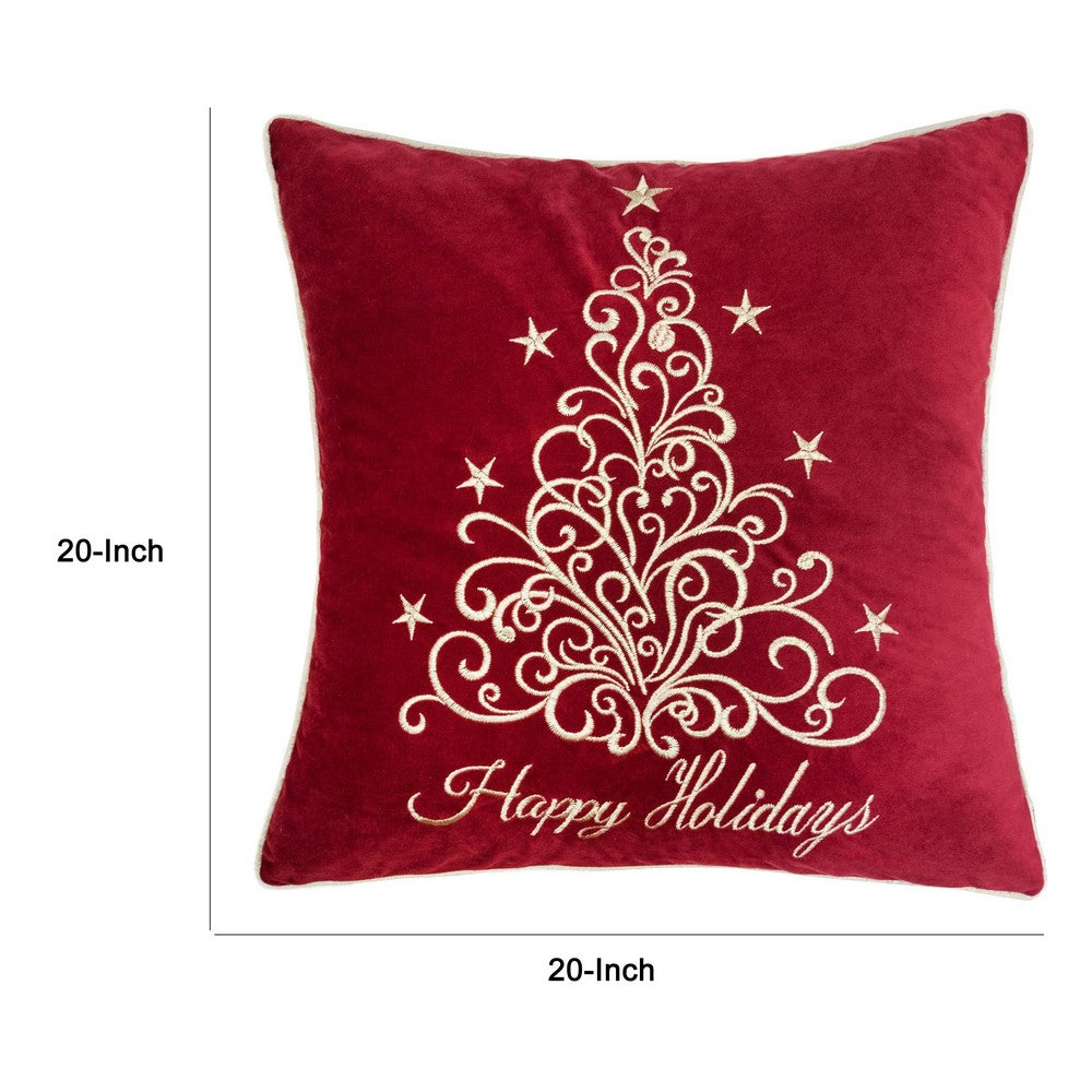 Aure Square Throw Pillow | Happy Holidays Embroidery | Red Velvet 20"