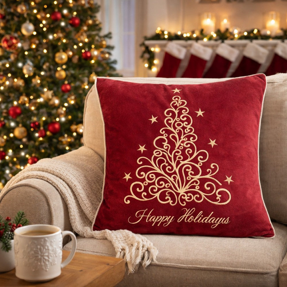 Aure Square Throw Pillow | Happy Holidays Embroidery | Red Velvet 20"