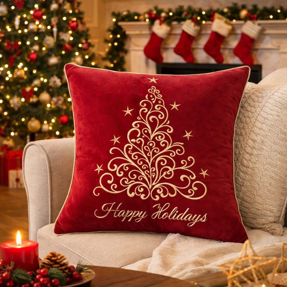 Aure Square Throw Pillow | Happy Holidays Embroidery | Red Velvet 20"