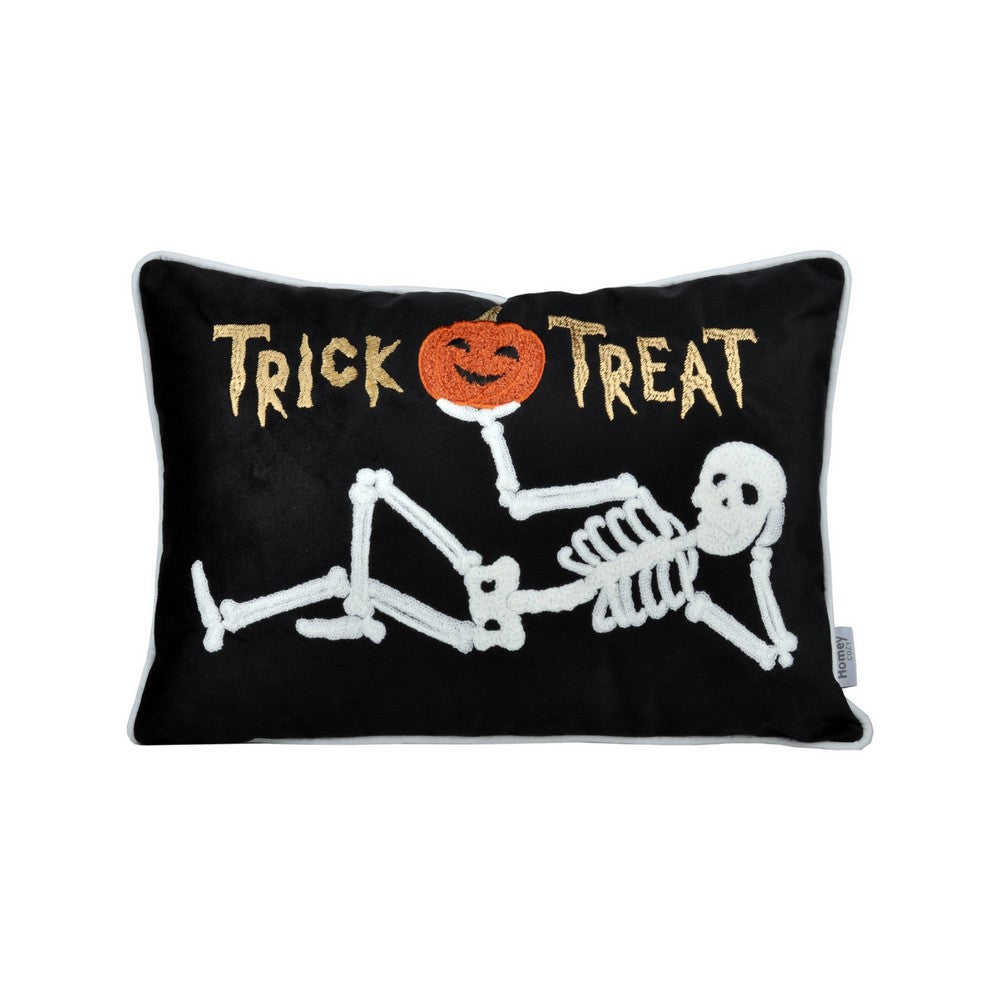 Teya Lumbar Pillow | Skeleton Embroidery | Trick or Treat Black Velvet 14x20