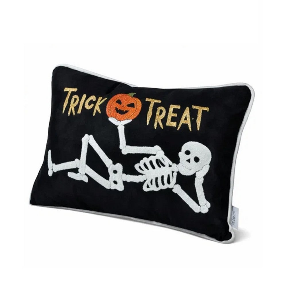 Teya Lumbar Pillow | Skeleton Embroidery | Trick or Treat Black Velvet 14x20