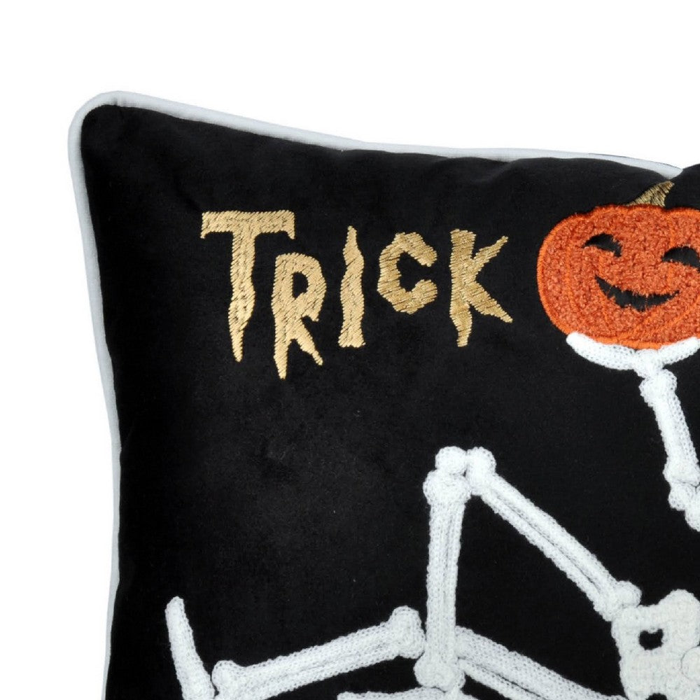 Teya Lumbar Pillow | Skeleton Embroidery | Trick or Treat Black Velvet 14x20